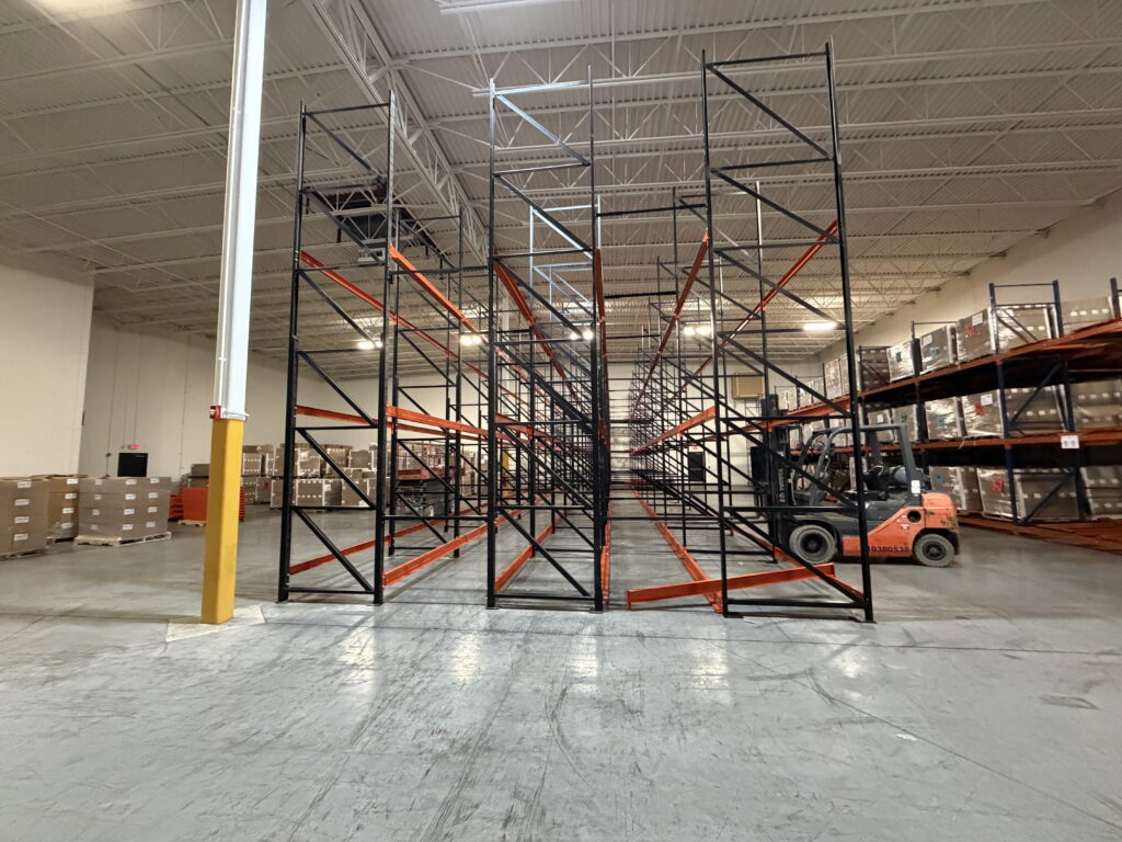 10 bays of 5 deep push back racking installed by Worldwide Rack Solutions