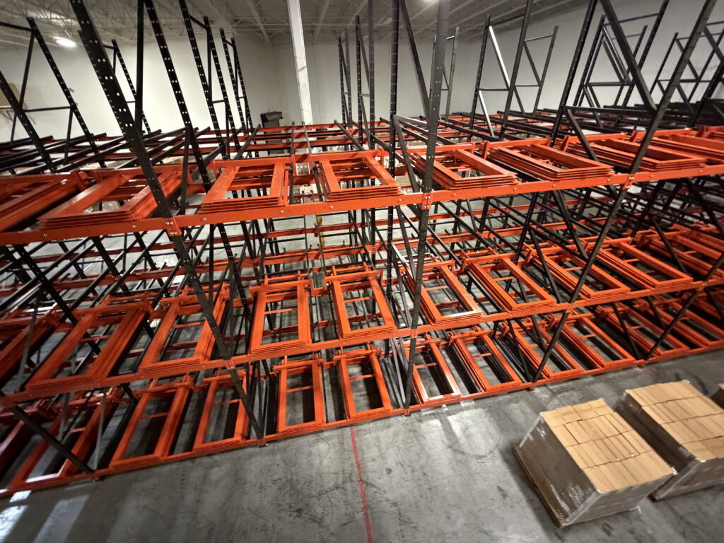 10 bays of 5 deep push back racking installed by Worldwide Rack Solutions